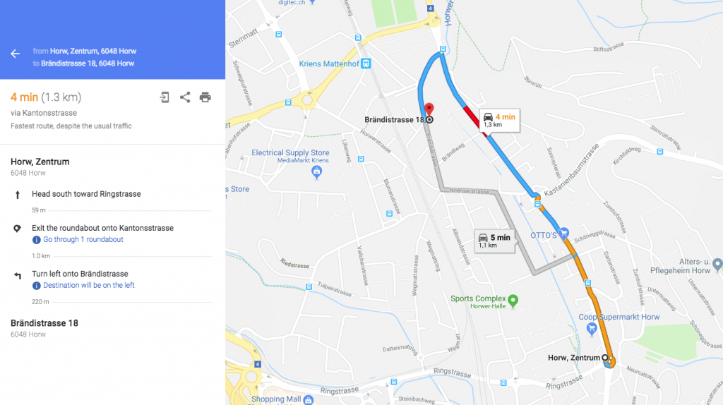 der raum Wegbeschreibung, google maps, Route from Horw Zentrum